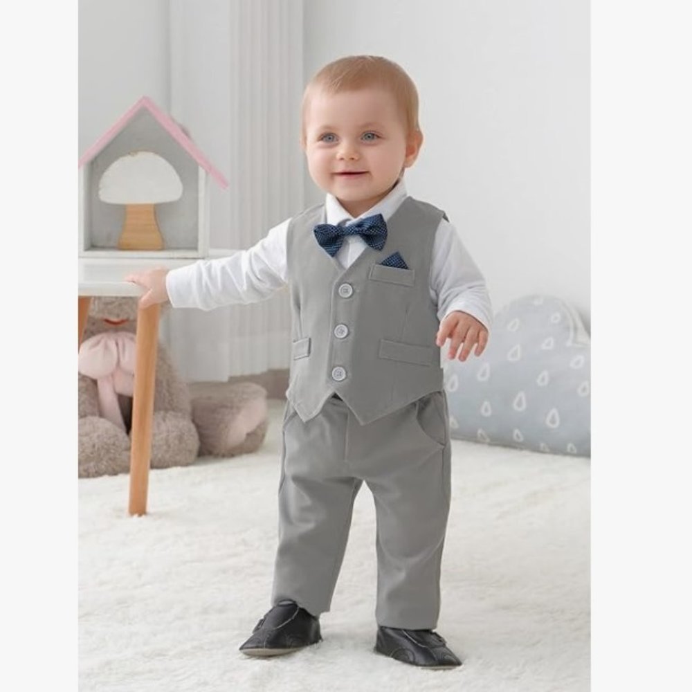 4PC Gentleman Dress Romper + Vest + Pants + Bow Tie Cotton Suit Set